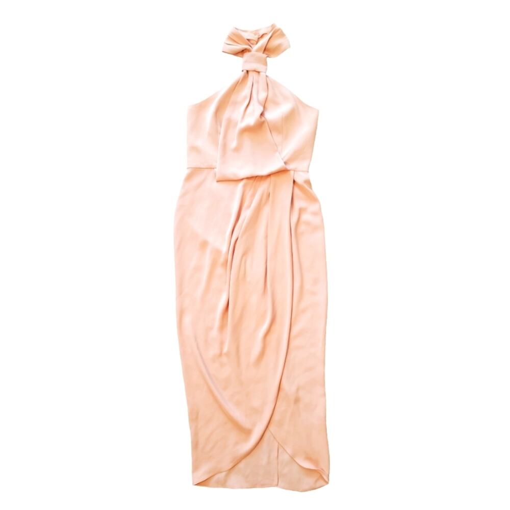 Shona Joy Peach Satin Halter Knot Draped Midi Bridesmaid Dress Size 4